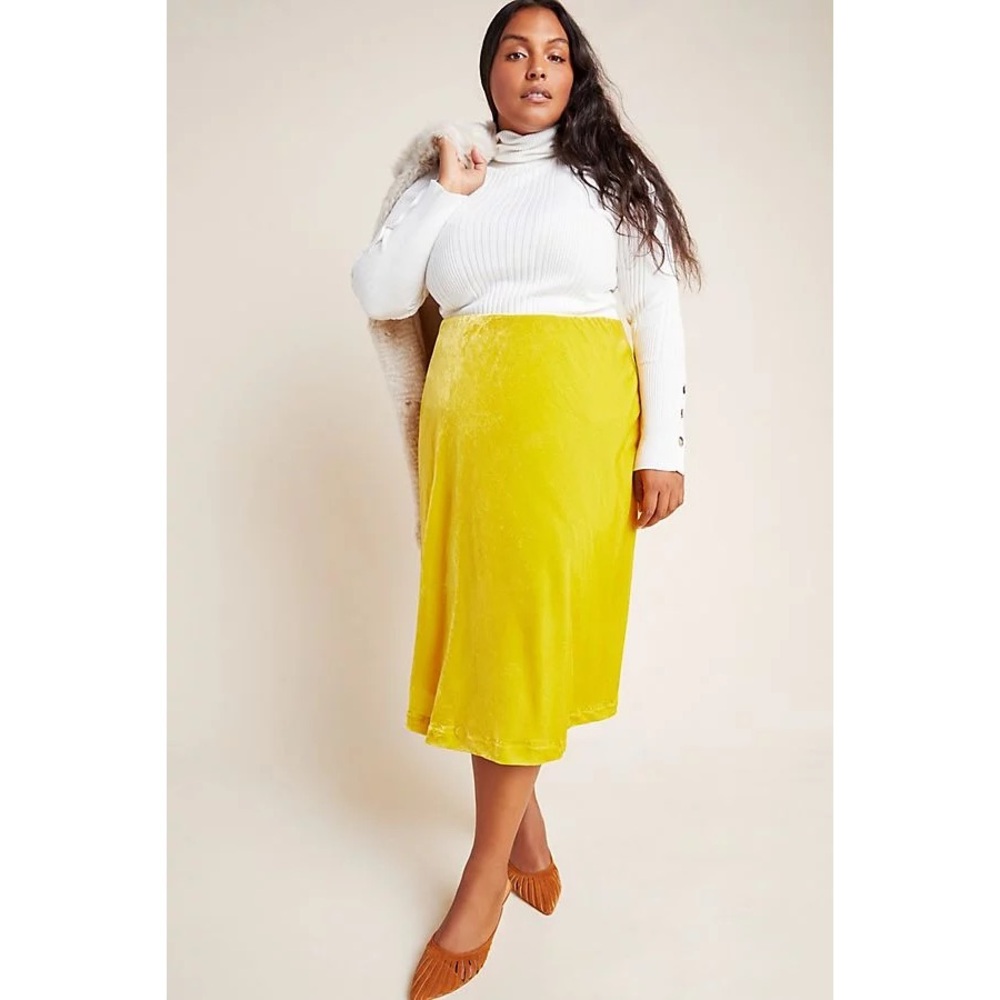 Maeve x Anthropologie Kelly Velvet Yellow Gold Midi Skirt - Picture 1 of 7